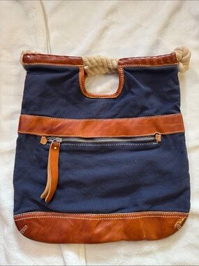 Navy Canvas and Brown Leather Rope-Handle Tote